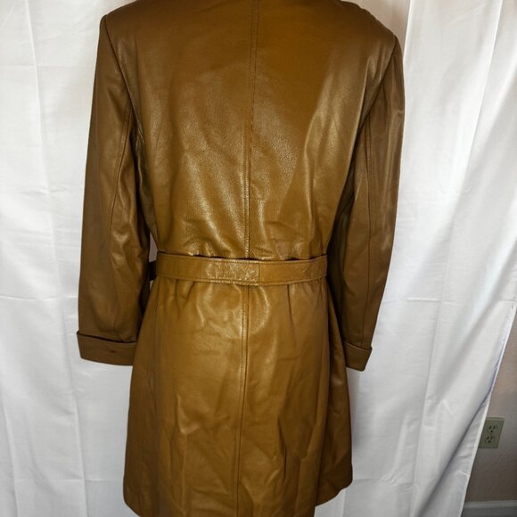 Vintage Chic Peruzzi Italy Caramel Brown Leather Tie Trench Coat Sz Lg - Picture 7 of 13